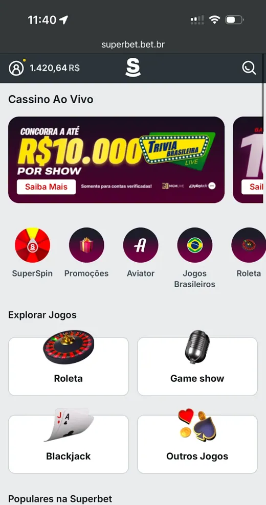 Interface do Cassino Ao Vivo no site da Superbet Brasil
